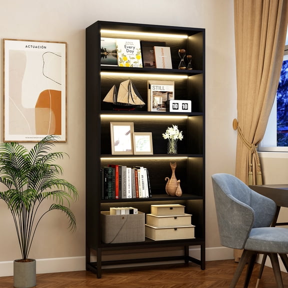 DRNANLIT Tall 5 Tier Bookcase with LED Lights, Heavy Duty Wood Bookshelf, Adjustable Lighting Freestanding Display Cabinet, Black