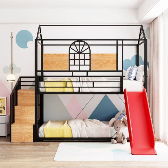 DRNANLIT Twin Over Twin Metal Bunk Bed with Slide & Storage Stair, Black with Red Slide