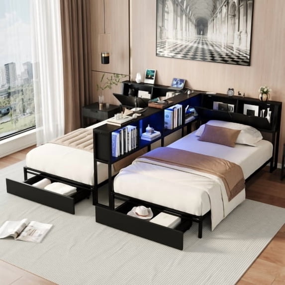 DRNANLIT Twin Size Bed Frame with Storage Bookcase Divider, LED Lights ...