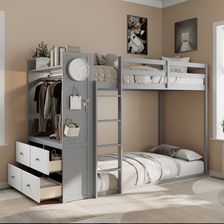 DRNANLIT Twin Size Bunk Bed with 4 Storage Drawers, Hanging Rail, Light Strip, Built-in Shelves & Dual Pegboards Gray