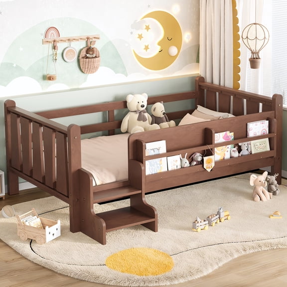 DRNANLIT Twin Size Floor Bed with Storage Bookcases, Solid Wood Platform Bed with Stairs & Guardrails, No Box Spring Needed, Brown