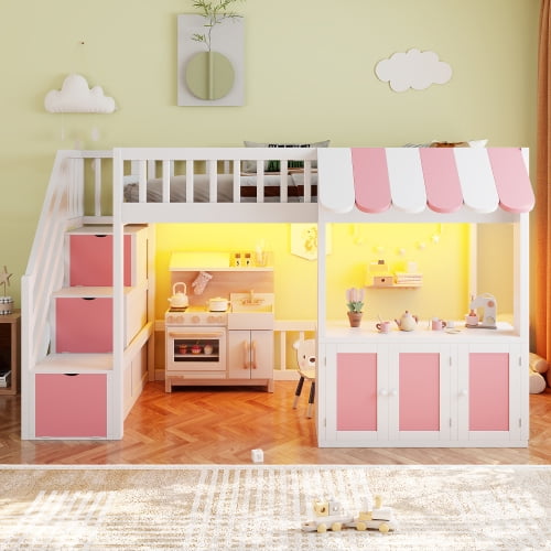 DRNANLIT Twin Size Loft Bed with Storage Steps & LED Light, White+Pink Playhouse Design with Under Bed Cabinets