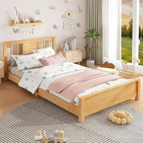 DRNANLIT Twin Size Platform Bed Frame with Headboard, Solid Wood Low Profile Floor Bed, Natural
