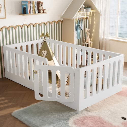 DRNANLIT Twin Solid Wood Floor Bed w/ Door & High Fence - Montessori, Low Profile, No Box Spring, White