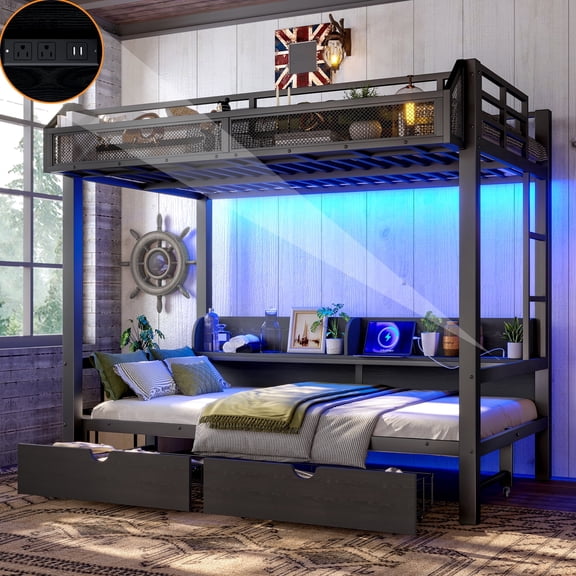 DRNANLIT Twin over Twin Bunk Bed with Storage Shelves and Drawers,Multifunctional Metal Bunk Beds with USB Ports and LED Lights, Lower Bed that can be converted into a sofa, Black