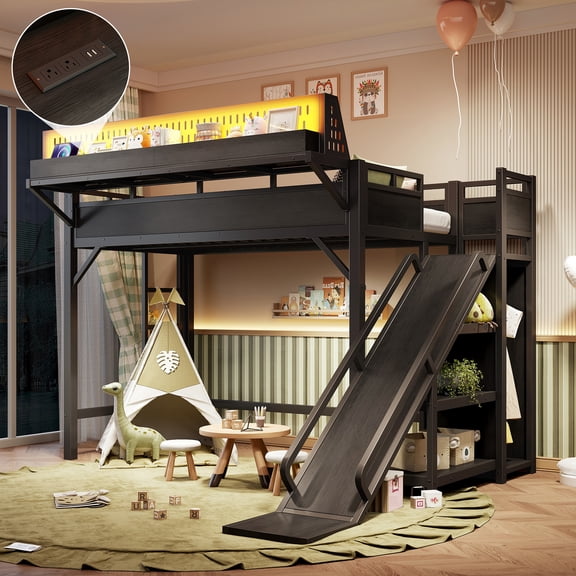 DRNANLIT Twin XL Loft Bed with Slide, Storage & USB LED, Black for Bedroom