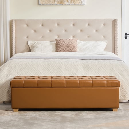 DRNANLIT Upholstered PU Flip Top Storage Bench, Soft Close Metal Hinges, Kiln-Dried Solid & Engineered Wood Frame, Non-Slip Rubberwood Legs, 300 lbs Weight Capacity, Brown