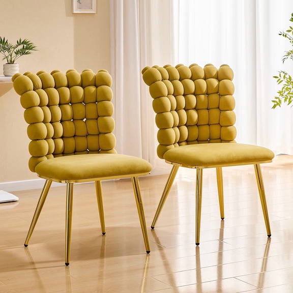 DRNANLIT Velvet Accent Chair with Bubble Tufted Backrest, Gold Metal Legs, Armless Design for Bedroom, Living Room, Home Office, Yellow