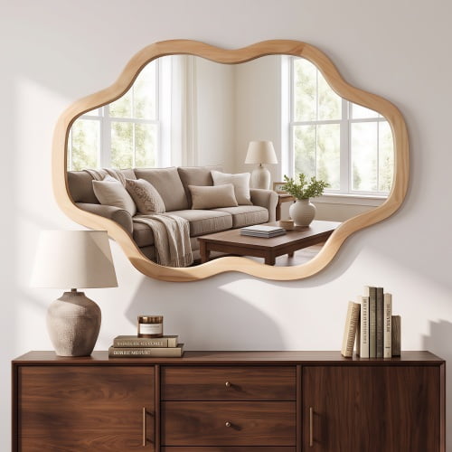 DRNANLIT Wall Mirror, 20x30 Inch Cloud Shape Decorative Mirror, Natural Wood Frame, Rustic Farmhouse, Entryway Bathroom