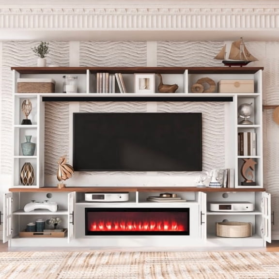 DRNANLIT Wall Unit Entertainment Center with Bookshelves for TVs up to 80", Modern TV Stand Media Console with Electric Fireplace & Adjustable Shelves, White