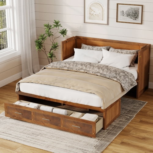 DRNANLIT Walnut Queen Murphy Bed, Pine Cabinet Bed with USB Charging & Decorative Panel