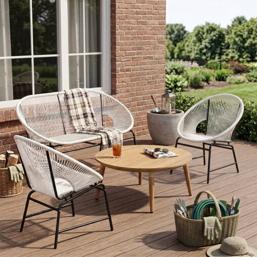 DRNANLIT White 4-Piece Outdoor Patio Chat Set PE Rattan Iron Frame Acacia Wood Table