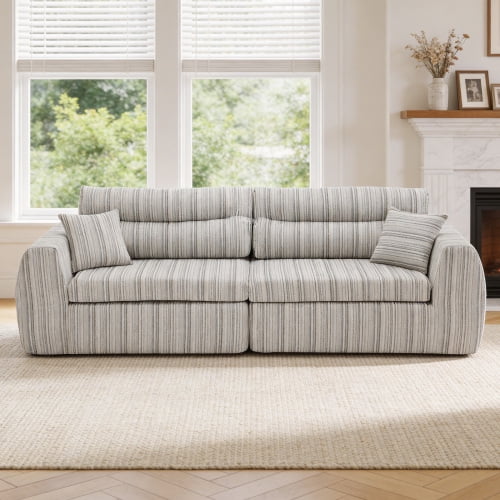 DRNANLIT White & taupe Woven Chenille Compression Sofa, No Assembly Needed, Compact Couch