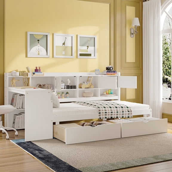 DRNANLIT Wooden Twin L-Shape Daybed with Seven Storage Cabinets and Two Storage Drawers, Multi-functional Bed with Study Desk and Built-in Bookshelf, White