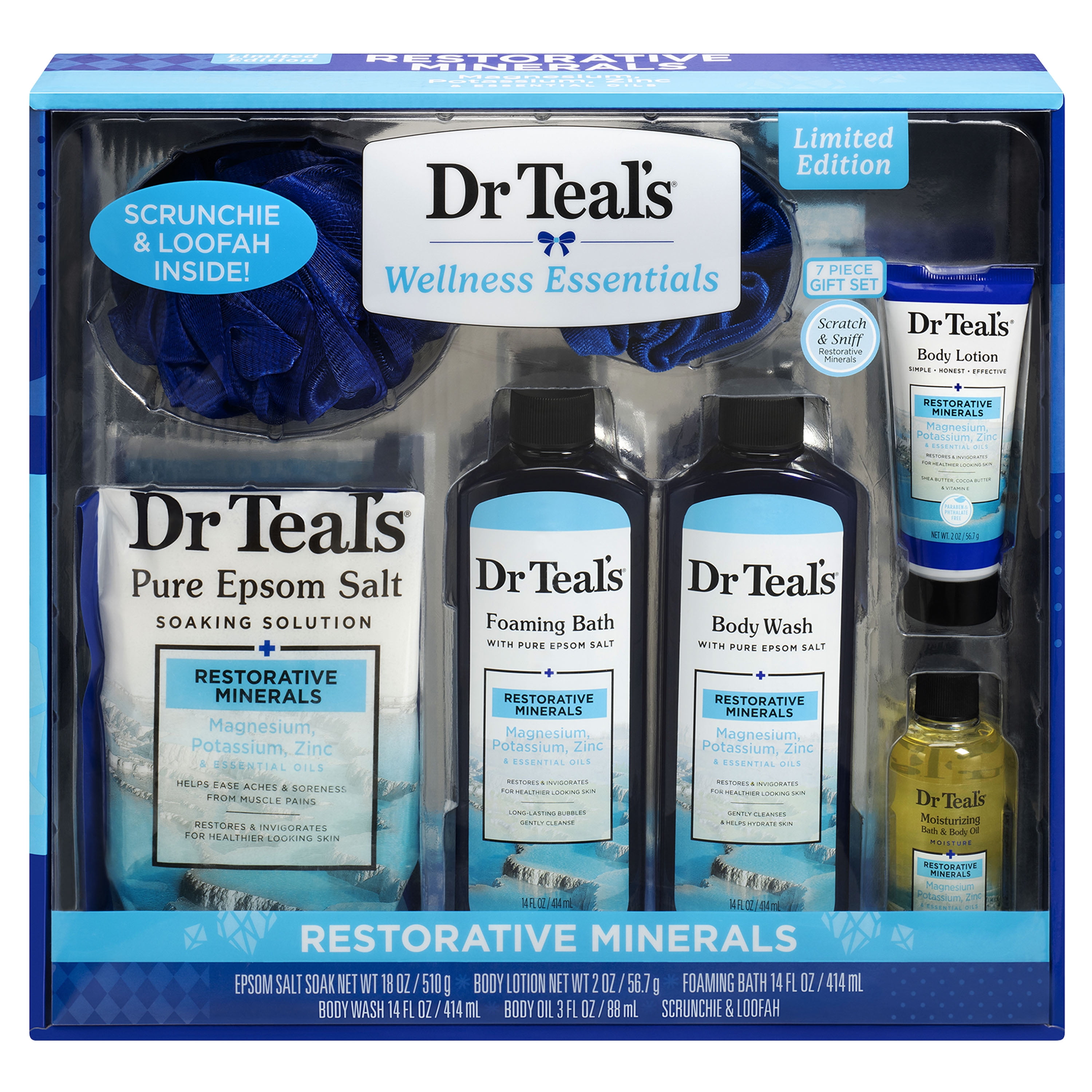 Dr Teal's Restorative Minerals Bath Gift Set with Loofah, 7 Piece