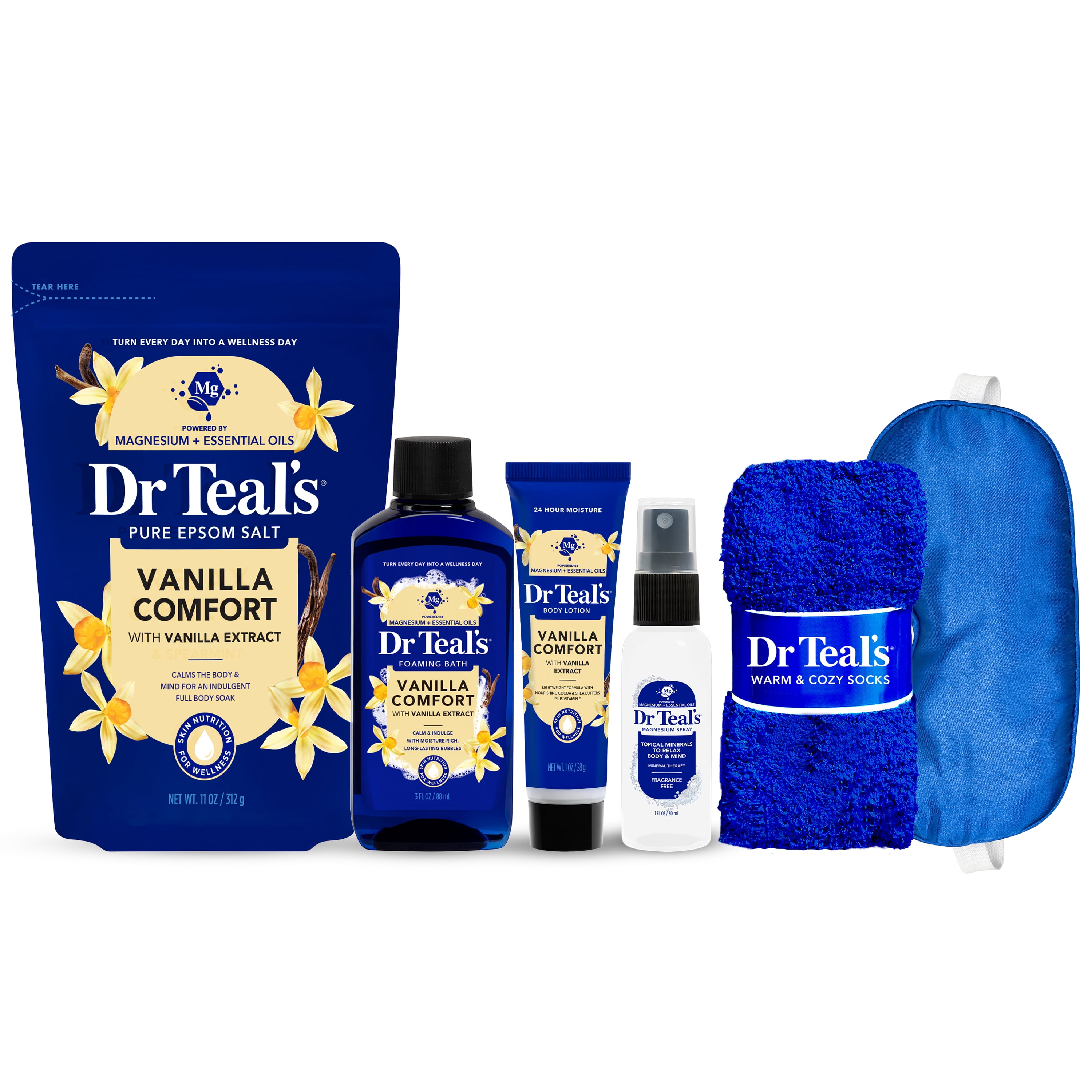 Dr Teal's Wellness Essentials Vanilla Comfort Bath & Body Gift Set with Fuzzy Socks & Eye Mask, 6 Piece