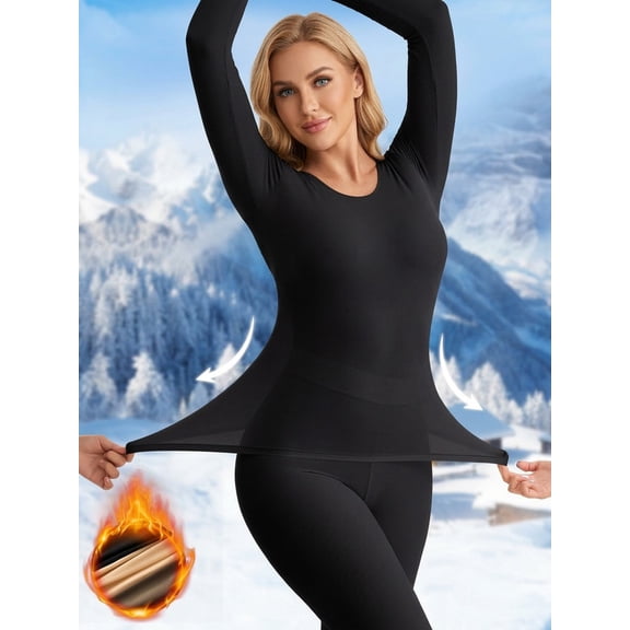 DRTTSN 2-Piece Women's Ultra Thin Thermal Underwear Set Seamless Long Sleeve Top and Pants Base Layer Outfit, Black