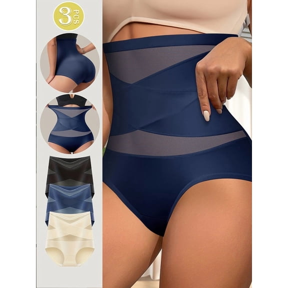 DRTTSN 3 Pack Women High Waist Seamless Shapewear Panties, Anti Roll Down Tummy Control Butt Lifting Underwear, No Steel Bone, Soft Shaping Briefs for Daily & Postpartum Wear, Black, Navy, Nude