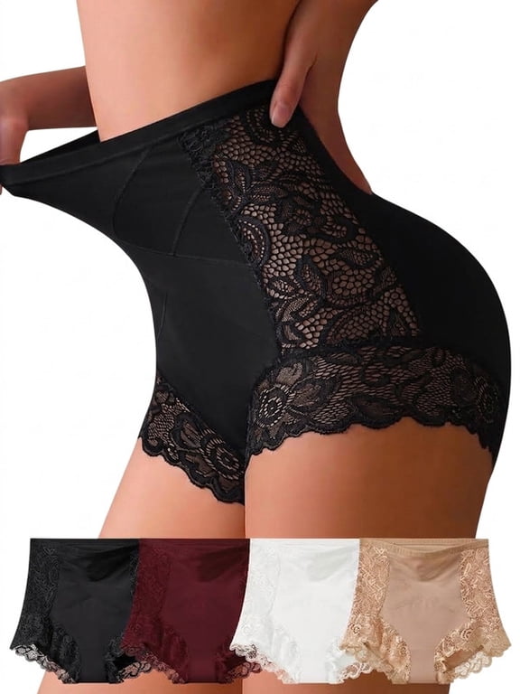 4 Pack High Waisted Tummy Control Panties for Women, Lace Shapewear Briefs Butt Lifter Body Shaper for Postpartum C-Section Recovery, S-XXL