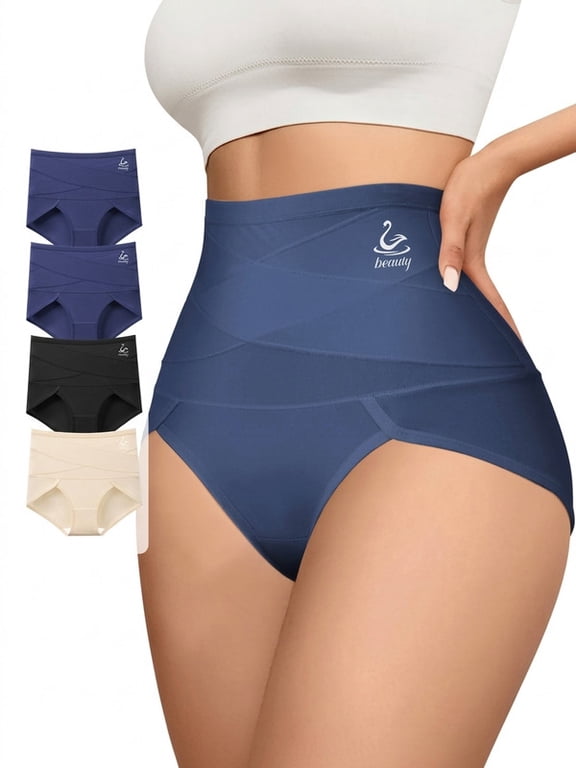 4 Pack Plus Size High Waisted Tummy Control Underwear for Women, Cross Layer Belly Control Briefs, Soft Breathable Stretch Panties with Cotton Gusset, 1XL-4XL