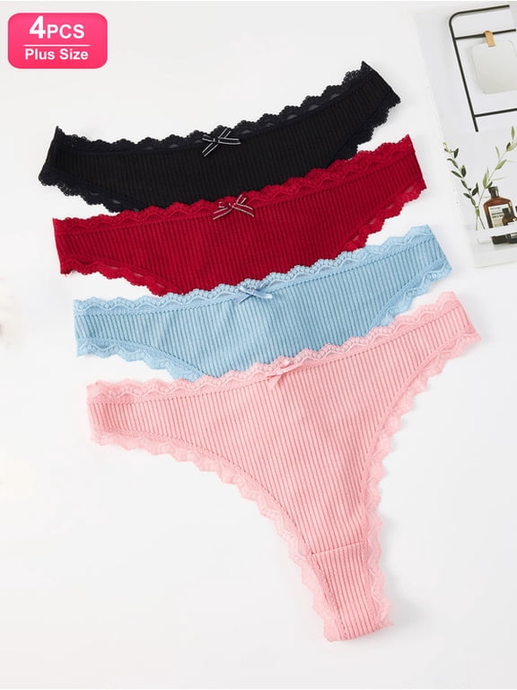 4 Pack Plus Size Lace Thongs for Women, Low Rise Seamless V-String Panties with Bow & Back Cutout, Stretchy Ribbed Breathable Underwear Cotton Crotch, Black Red Blue Pink XL-3XL