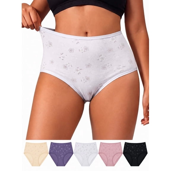 DRTTSN Women's High Waist Floral Print Panties Athleisure, Multicolor (5-Pack)