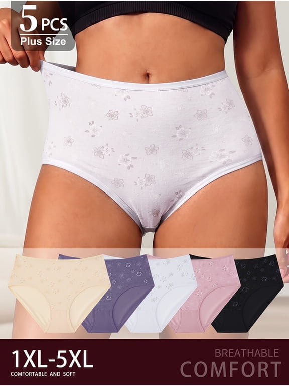 5 Pack Plus Size Cotton High Waisted Underwear for Women, Tummy Control Floral Print Briefs, Soft Stretchy Breathable Full Coverage Panties Cotton Crotch, Multicolor 2XL-5XL