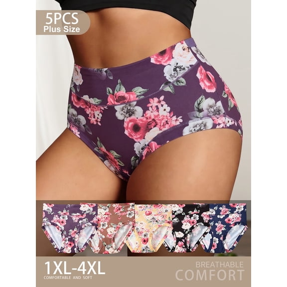 DRTTSN 5-Pack Plus Size High Waisted Briefs for Women, Soft Breathable Floral Print Panties, Wide Anti-Roll Waistband Full Coverage Stretch Underwear, XL-5XL
