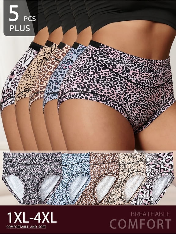 5 Pack Plus Size High Waisted Underwear for Women, Tummy Control Briefs with Leopard & Letter Print, Wide Anti-Roll Waistband Soft Stretchy Breathable Panties Cotton Crotch, XL-5XL
