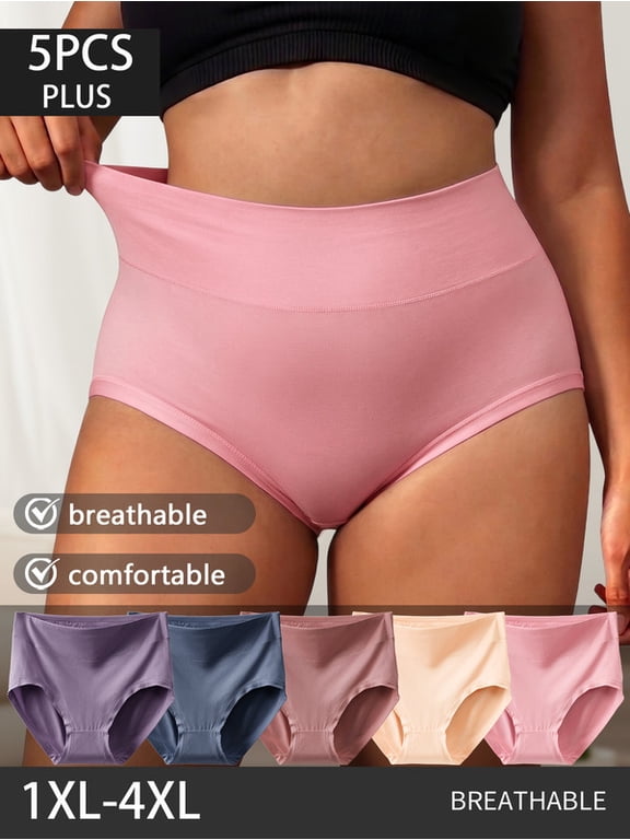5 Pack Plus Size High Waisted Underwear for Women, Tummy Control Solid Color Briefs, Wide Anti-Roll Waistband Soft Stretchy Breathable Panties Cotton Crotch, Multicolor XL-5XL