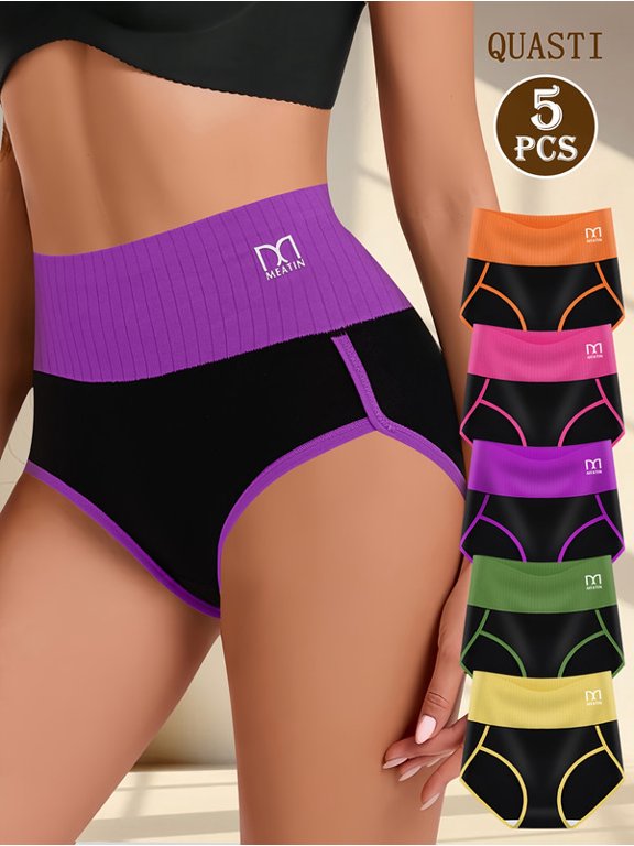 5 Pack Women High Waist Tummy Control Brief Panties, Color Block Contrast Underwear, Non-Roll Waistband, Soft Seamless Medium Weight Panties for Daily Workout, Assorted Colors S-XXL