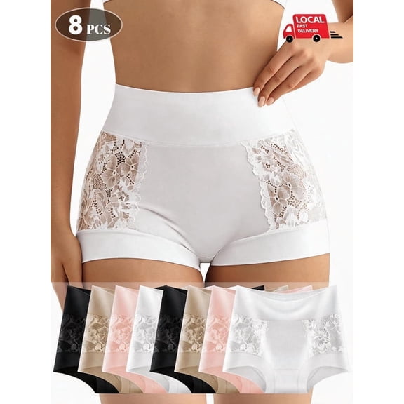 DRTTSN 8 Pack Women High Waist Boyshort Underwear, Lace Patchwork Tummy Control Panties, Soft Breathable Stretch Safety Shorts, S-XXL