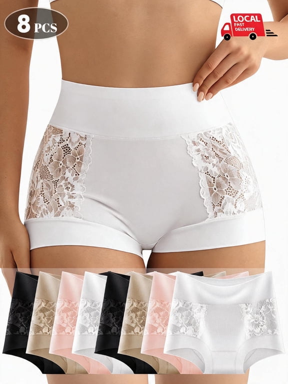8 Pack Women High Waist Boyshort Underwear, Lace Patchwork Tummy Control Panties, Soft Breathable Stretch Safety Shorts, S-XXL