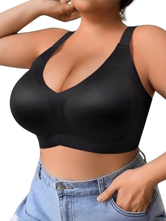 Plus Size Wireless Bra for Women, Full Coverage Seamless Comfort Bra for Large Bust DDD-G, Wide Padded Adjustable Straps, Back Smoothing Closure, V-Neck No Underwire Everyday Bra, Black
