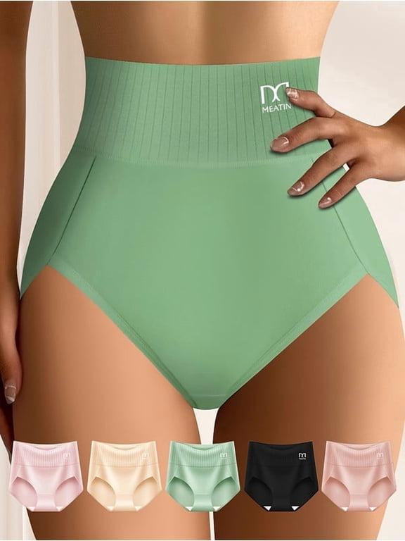 Women High Waist Cotton Panties, 92% Cotton 8% Spandex, Antibacterial Same Fabric Crotch, Soft Stretch Underwear, 5 Pack Fixed Color Set, Hand & Machine Washable