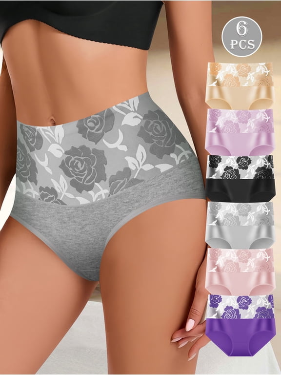 Women's High Waisted Cotton Brief Underwear, 6-Pack Floral Panties, Full Coverage, S-XXL