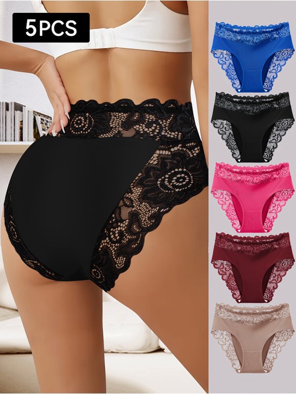 Women's High Waisted Tummy Control Panties 5 Pack Seamless Lace Briefs, Breathable Stretch Full Coverage No Roll Soft Comfort Underwear for Women S-XXL (Black, Pink, Coffee, Dark Blue, Red)