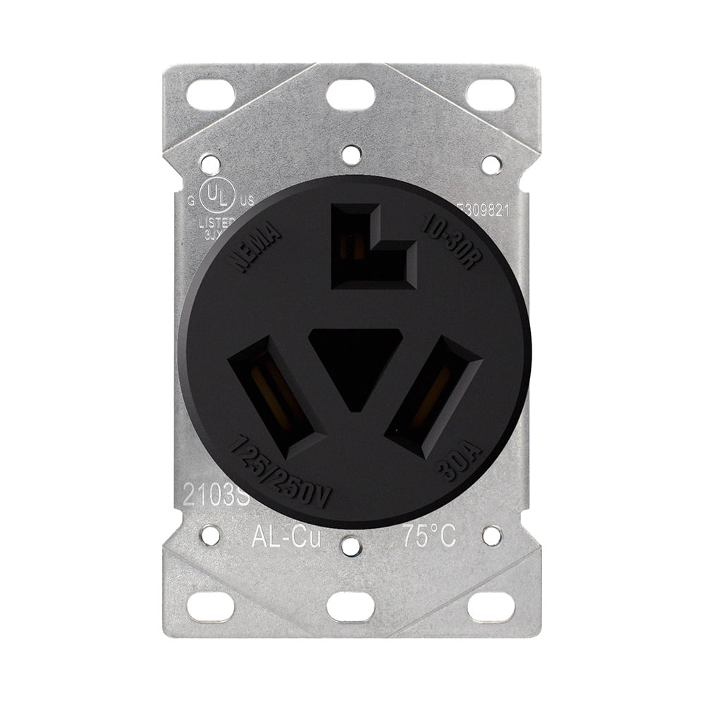Hyper Tough Flush Mount NEMA 10-30R Dryer Outlet, 30A 125-250V, 3-Wire, Single/2-Gang Box Compatible