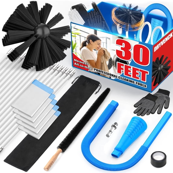 DRYVENCK 30-FT Dryer Vent Cleaner Kit, Dryer Cleaning Tools, Omnidirectional Dryer Lint Vacuum Attachment, Dryer Vent Brush, Universal Vacuum & Dryer Adapters (Blue)