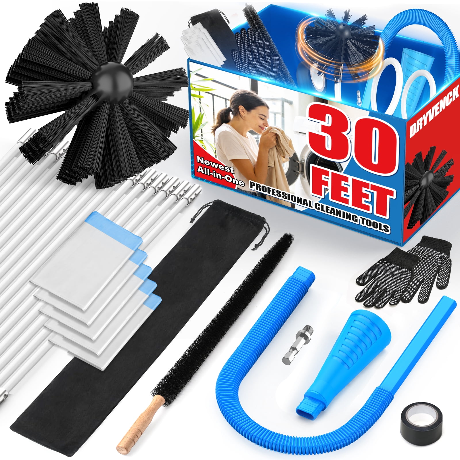 DRYVENCK 30-FT Dryer Vent Cleaner Kit, Dryer Cleaning Tools, Omnidirectional Dryer Lint Vacuum Attachment, Dryer Vent Brush, Universal Vacuum & Dryer Adapters (Blue)