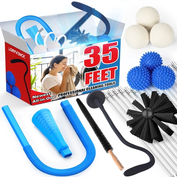 DRYVENCK 35-Feet Dryer Vent Cleaner Kit, Dryer Cleaning Tools, Include Omnidirectional Blue Dryer Lint Vacuum Attachment, Dryer Vent Brush, Universal Vacuum & Dryer Adapters