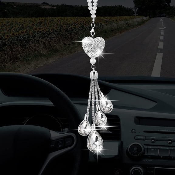 DRealm Bling Heart Car Charms Car Accessories for Women Christmas Crystal Rear View Mirror Hanging Charm Diamond Decoration Lucky Interior Ornament Pendant Gift for Valentine(7.5 Inch,White)