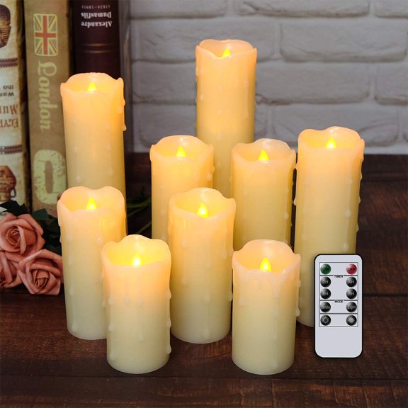 DRomance Flameless Flickering Candles Battery Operated with Remote and Timer, Set of 9 Dripping Real Wax Warm Light LED Pillar Candles for Holiday, Christmas Decoration(Ivory, 2.2" D x 4"-9" H) Y101