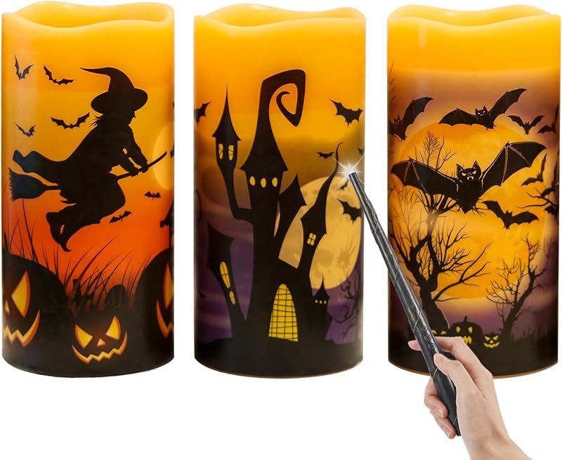 DRomance Halloween LED Flameless Pillar Candles Battery Operated with 6 ...