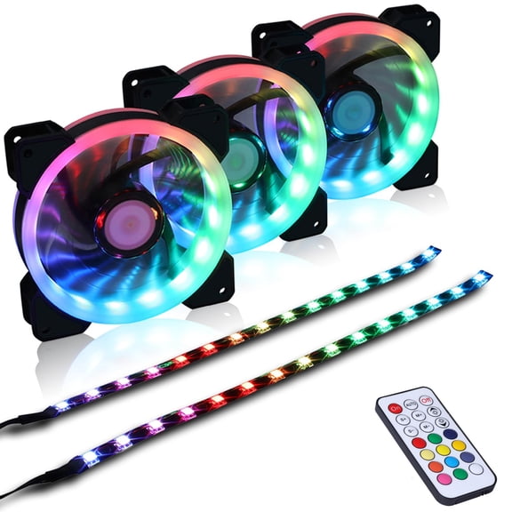 DS 120MM Ring RGB Case Fans with Con oller for PC Cases, Computer Case ATX Full Tower, Middle Tower (LED Fans 3PACK Kit, 2PACK LED S ip, 1st GEN Hub Box, A Series)