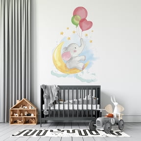 DS Inspirational Decals Baby Elephant Sitting On The Moon Wall Art Decal - 20" x 28" Vinyl Home Water Color Art Stars Balloons Decor Design Kids Bedroom Nursery Living Room Sticker Decoration