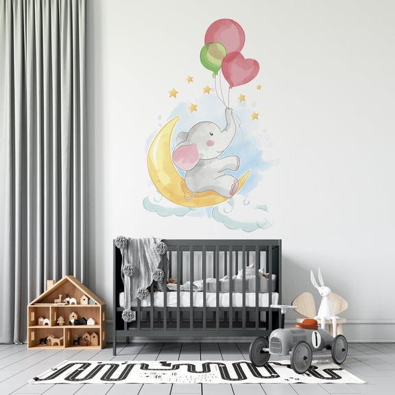 DS Inspirational Decals Baby Elephant Sitting On The Moon Wall Art Decal - 20" x 28" Vinyl Home Water Color Art Stars Balloons Decor Design Kids Bedroom Nursery Living Room Sticker Decoration