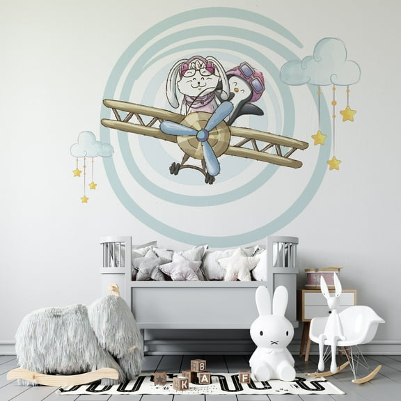DS Inspirational Decals Baby Rabbit And Penguin Watercolor Art Wall Decal | 17" x 20" Vinyl Home Adhesive Decor Clouds Stars Airplane Design Kids Nursery Bedroom Removable Decoration Sticker