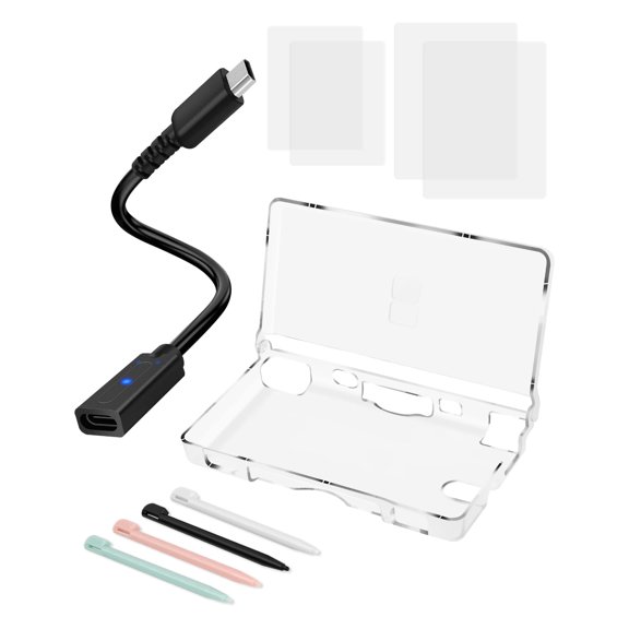 DS Lite Charger and Case Bundle, USB C to DS Lite Charging Adapter, Clear Crystal Case, 2 Sets of Screen Protectors, 4 Stylus Pens for Nintendo DS Lite NDSL