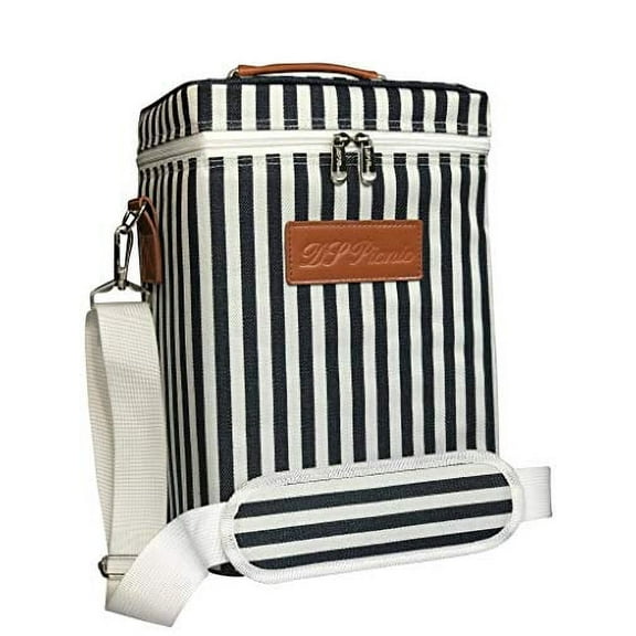 DS Picnic Insulated Wine Tote Bag Wine Bottle Carrier 4 Bottle Capacity Cooler Bag for outdoor Camping Great Wine Lover Gift with Handle and Adjustable Shoulder Strap (White & Navy Stripe)